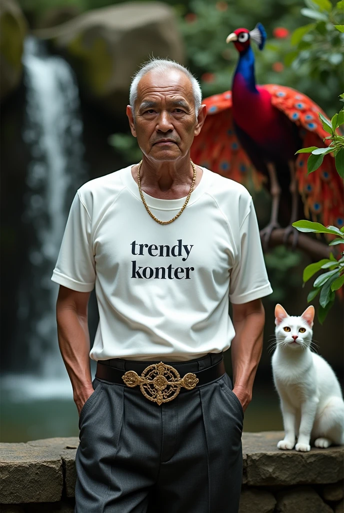 a full-shot photograph, An elegant and enigmatic sphinx cat with completely bare and wrinkled skin, adorned with intricate black tattoos that cover its body, including its paws and tail. He is wearing a short-sleeved shirt with geometric patterns in dark tones, which fits his figure perfectly. On his neck, he wears a black leather collar with a golden dog tag, displaying his name, "CHIRIBAYA," elegantly engraved. The background is a modern and minimalist environment to highlight the cat's distinctive style."