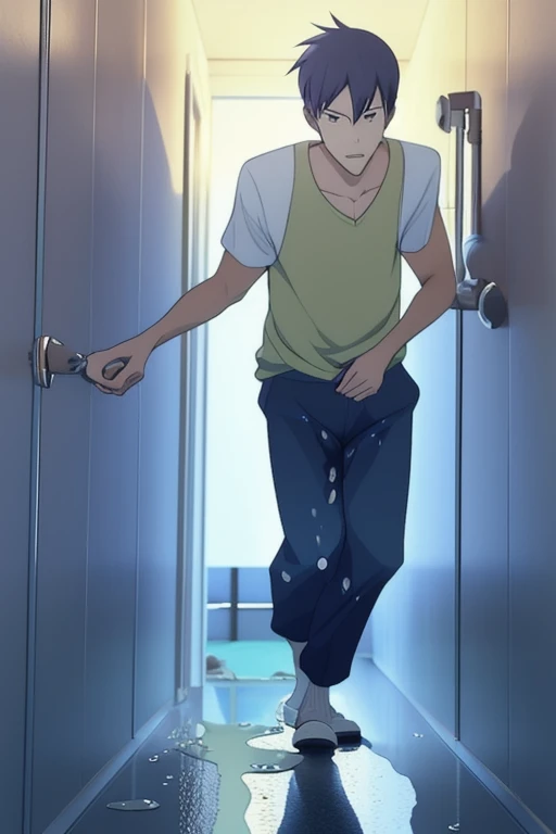 In the morning corridor, there's a slender and mascular young man in his blue short pants. He is running. He is pissing himself. His pants has a pee wet spot around the bulge of his pants. His pee is dropping off from his pants. There's pee puddles on the floor. He looks panicking and scared. Anime.