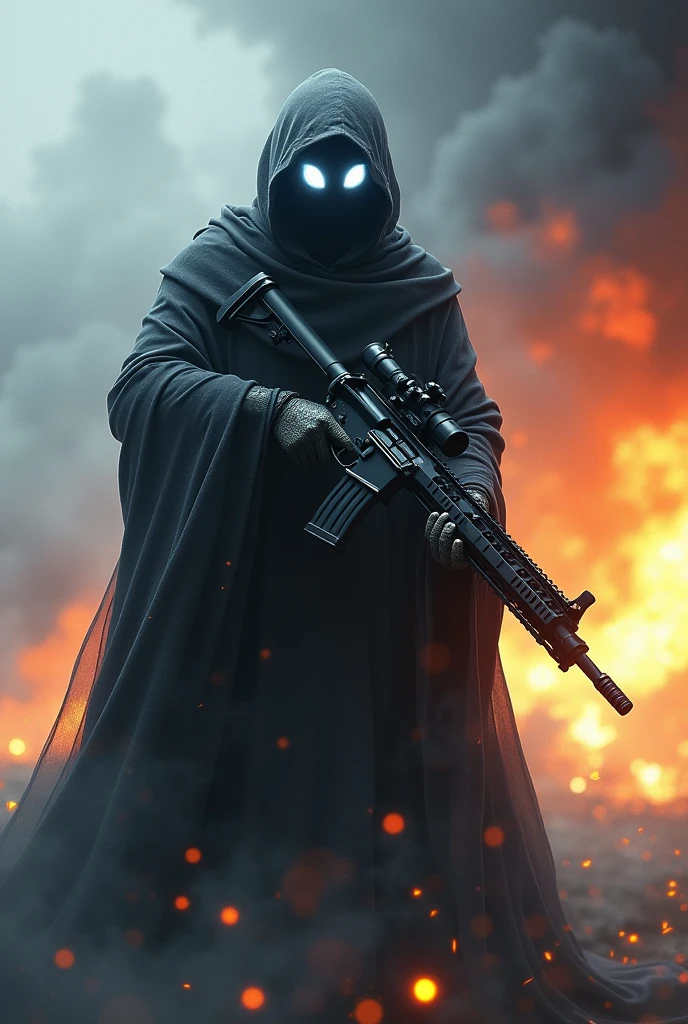 Ghost character from call of duty mobile posing pointing the gun towards an enemy with a big blast in the background