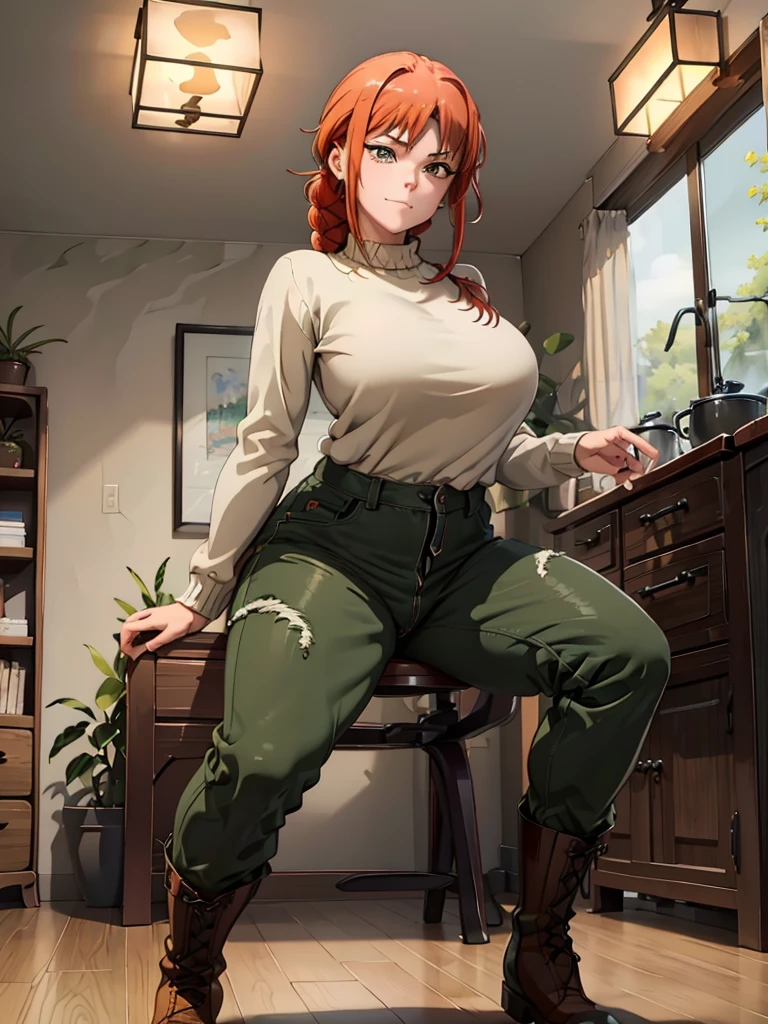 (best quality,4k,8k,highres,masterpiece:1.2),ultra-detailed,realistic:1.37,portrait, anthro very sexy bandicoot  girl lesbian redhead, braided hair, beautiful green eyes, seductive, warm sweater, hants to unzipped camouflage pants, army boots, smirking, cozy lighting, vibrant colors. Futanari, lewd,    night, crotesc , hants to pants 