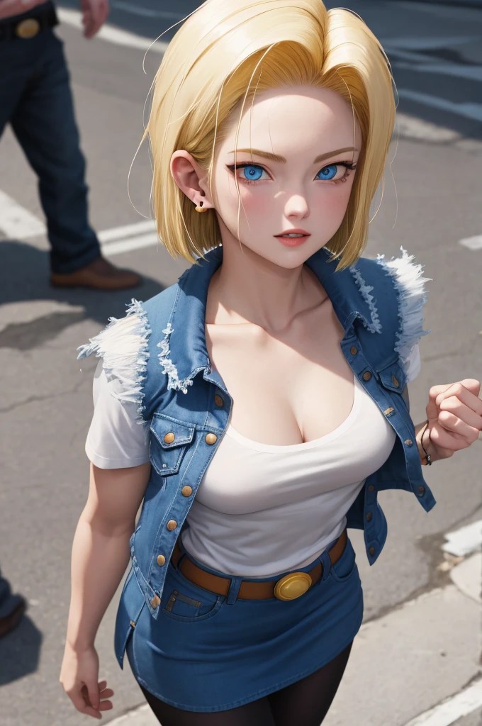 Best Quality, and18, 1girl in, Android 18, Solo, Blonde hair, Blue eyes, Short hair, earrings, Jewelry, Denim Short Sleeve Vest, open vest, Black pantyhose, Black shirt, jean skirt, Blue skirt, medium breasts, Cowboy Shot, Street, (Externally expanded Chest: 1.2)