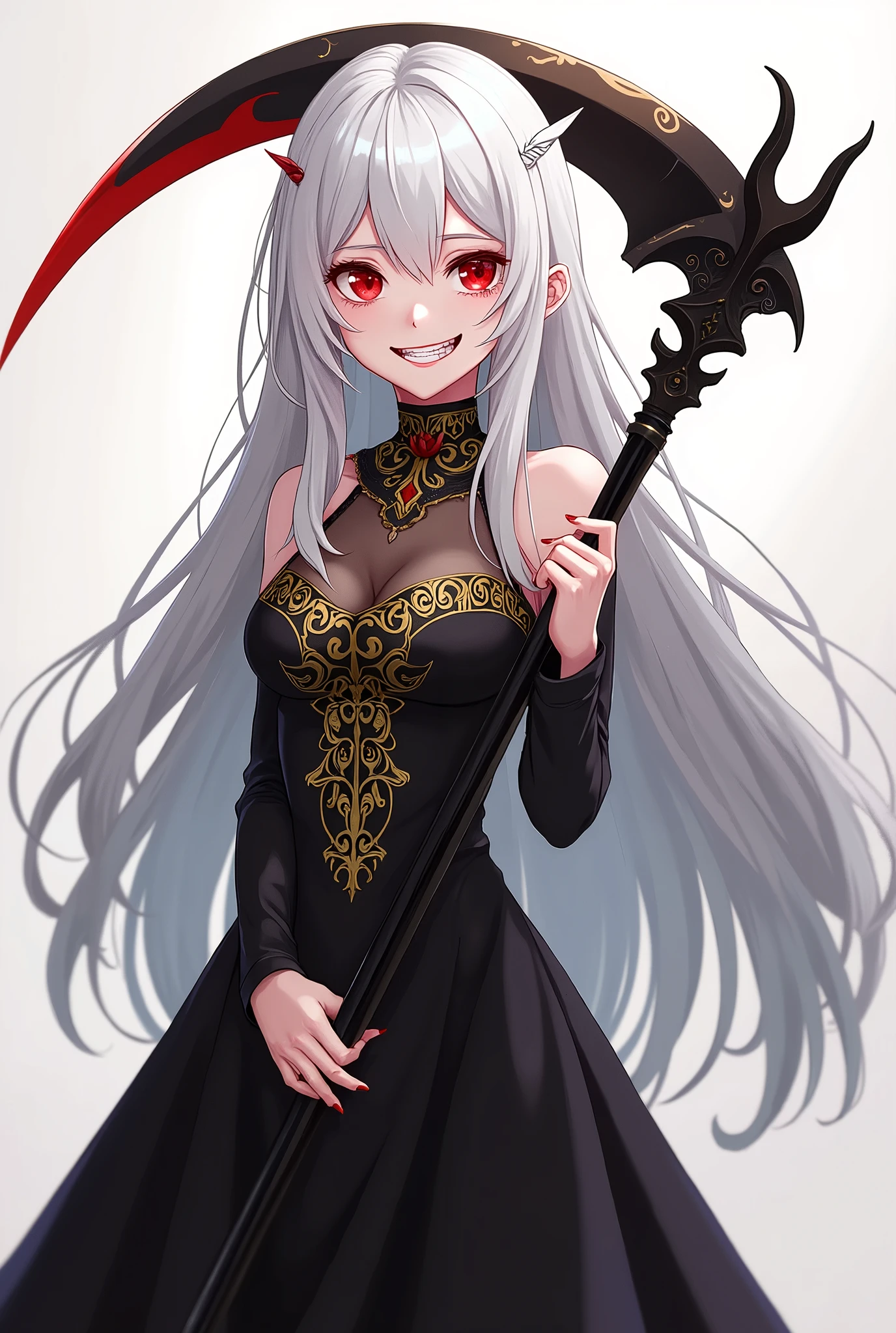 2d anime girl with long white hair and red eyes, dressed in a black dress with gold decorations, holding a scythe, making a psychopathic smile