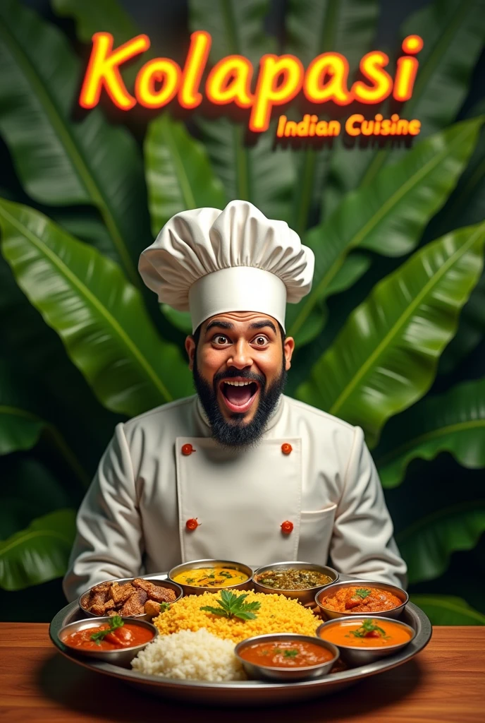 Banana leaf background with chef meme and with restaurant name kolapasi indian cuisine and thali plate and items