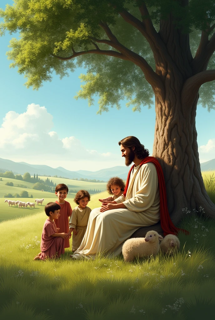 far away in the field under a tree sit Jesus and children and further away a flock of sheep