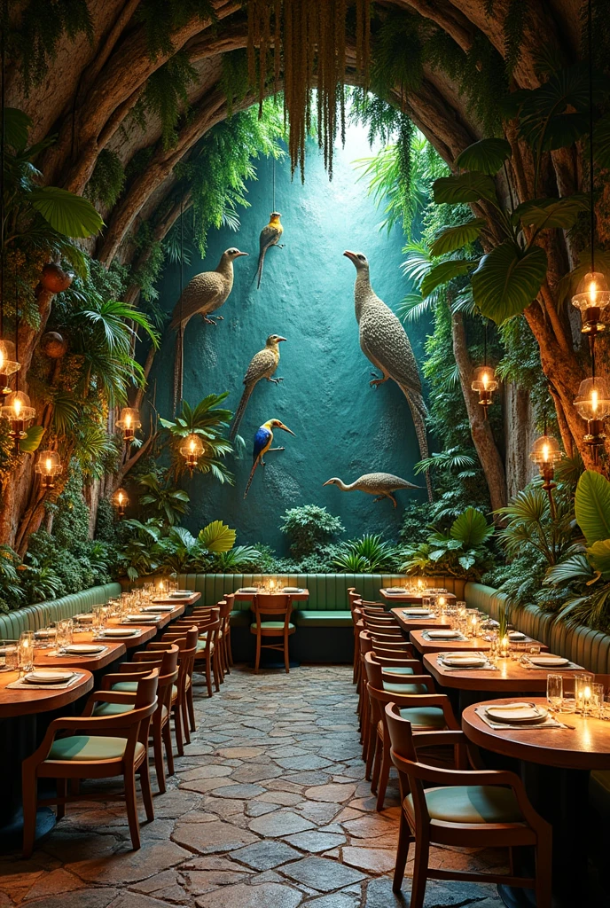 Jungle theme resturant decor and also wall sculpture on few walls