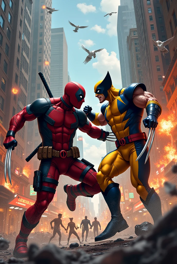 two superheroes, Deadpool and Wolverine, battling villains in a bustling urban cityscape