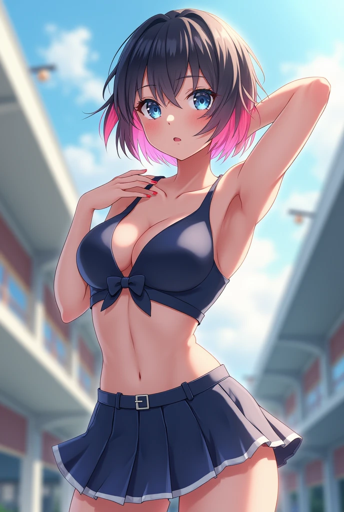 Japanese idol with short hair、Glamour、Muscular、sexy、Wearing a mini skirt、Atmosphere、Masterpiece、Outdoor、The ends of the hair are pink、Blue colored contacts、Real People,