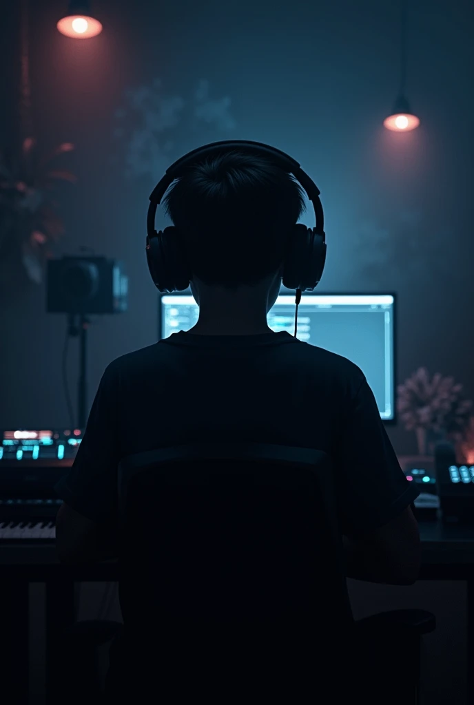 A boy with headphones like a music producer and with a dark background so that the boy&#39;s face is not visible, he is with his back turned and that says Salvacion Studio on the cover 