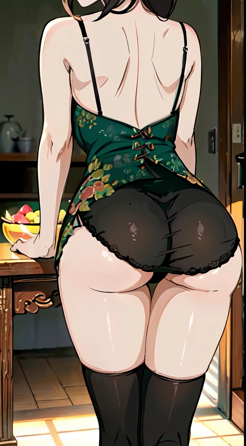 (masterpiece, best quality, high resolution), 1girl, ((Goddess of beauty)), thicc ass, image from behind, bending over, flaunting perfect ass, smile, light smile, parted lips, glow, thicc thighs, narrow waist, (masterpiece), (beautiful detailed face, beautiful detailed eyes), (chinease cheongsam, forest),hanabi\(boruto\)