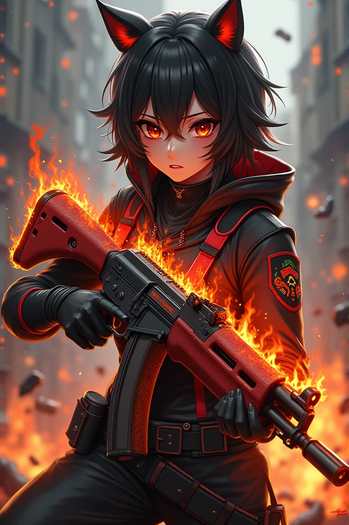 Create anime PDP Gaming Pubg with Great costume Handing a Akm (fire) shape of Dinosaurs 
Wearing Black and red (fire) combination 