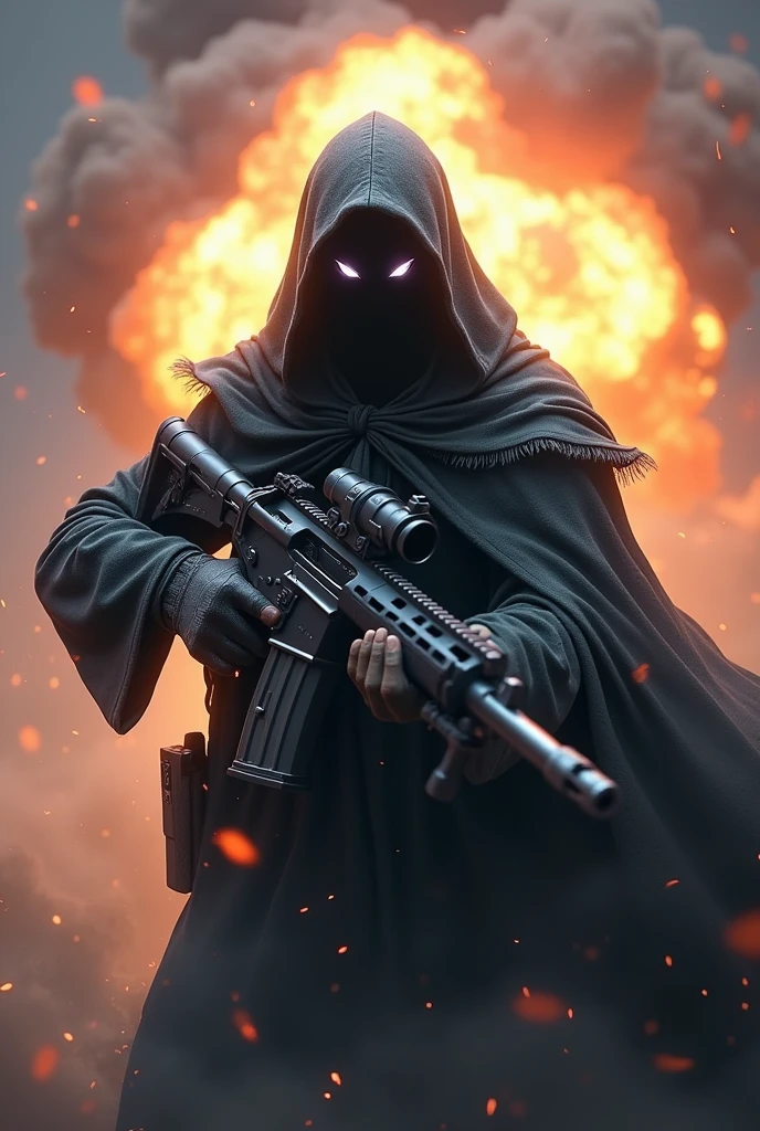 Ghost character from call of duty mobile posing pointing the gun towards an enemy with a big blast in the background 