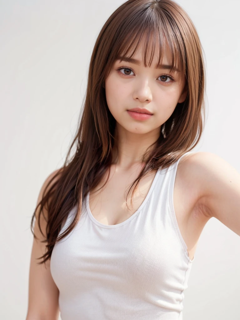 1girl, 25years old woman, (perfectly detailed face), (((Tank tops))), Small breasts, medium breasts, large breasts, cute face, beautiful face, ((looking at viewer)), Simple Background, ((white background)), ((white wallpaper)), White skin, (bright lighting:1.2), perfect lighting, armpits, Show one armpit, Smooth and beautiful armpits, photorealistic, (bokeh), UHD, anatomically correct, highres, masterpiece