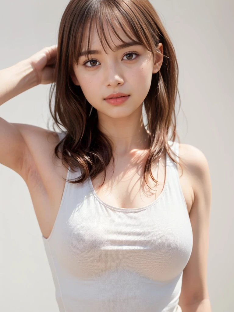 1girl, 25years old woman, (perfectly detailed face), (((Tank tops))), Small breasts, medium breasts, large breasts, cute face, beautiful face, ((looking at viewer)), Simple Background, ((white background)), ((white wallpaper)), White skin, (bright lighting:1.2), perfect lighting, armpits, Show one armpit, Smooth and beautiful armpits, photorealistic, (bokeh), UHD, anatomically correct, highres, masterpiece