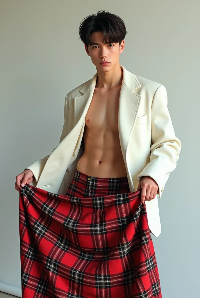 masterpiece, high quality, young, holding long plaid skirt, digital camera, White jacket, rubio, Looking forward, looking to the camera, full body and be a man