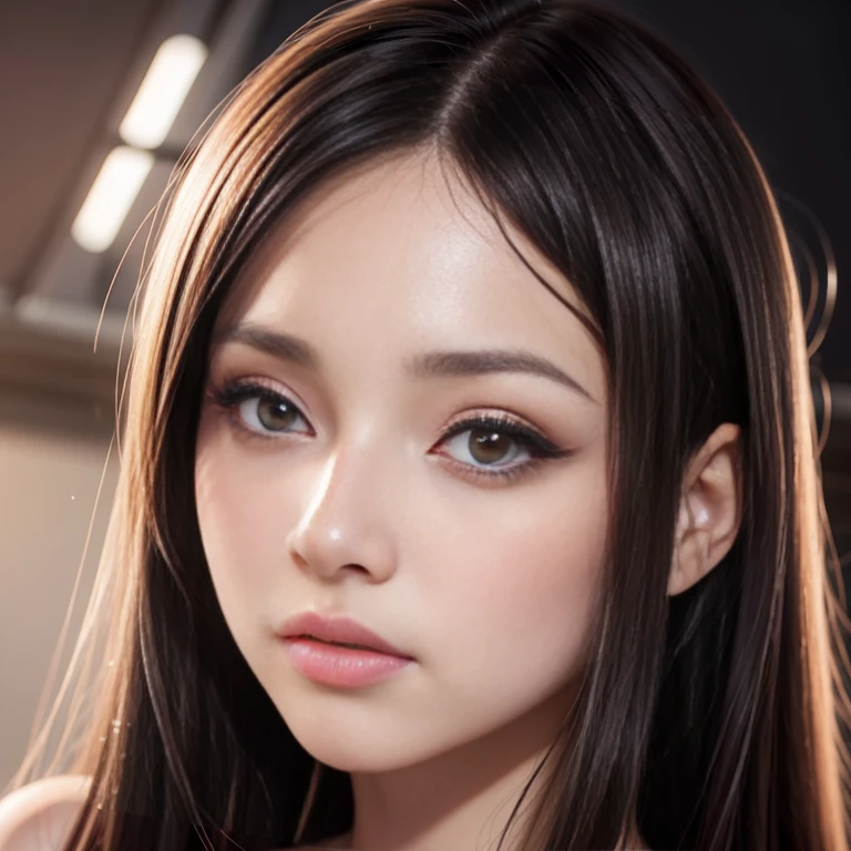 , smooth soft skin, Fantastic Big Eyes, beautiful intricate colored hair, Symmetrical, anime wide eyes, Beautiful eyes,1 girl, close up shot, detailed face, cute face, peach skin tone, smooth skin, blush red cheeks and face, light smirk, long curly hair, attractive makeup, heavy makeup, long eyelashes, long eyeliner, excessive eye makeup, black smokey eyeshadow, heavy eyeshadow, glossy baby pink lipstick, glossy lips, heavy makeup, Soft lighting, Detailed face, By Makoto Shinkai, , Phlegm sputum, phlegm, rossdraws, concept-art, Digital painting, looking at the camera in, 1girll