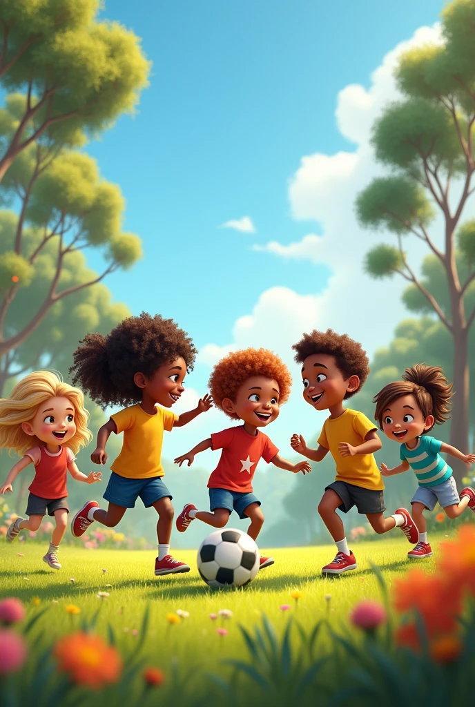 A realistic image of a vibrant scene depicting Australian kids and African kids playing together in a sunny park. The children, ranging from 5 to , are joyfully engaged in various activities. Some are playing soccer on a grassy field, others are on swings, and a few are sharing laughter while playing a game of tag. The Australian kids have lighter skin tones with a mix of blonde, brown, and red hair, while the African kids have darker skin tones with different shades of curly and braided hair. The background features tall eucalyptus trees and colorful flowers typical of an Australian landscape, with a clear blue sky and bright sunlight casting soft shadows. The expressions on the children’s faces are full of happiness and excitement, showcasing the beauty of friendship and diversity.