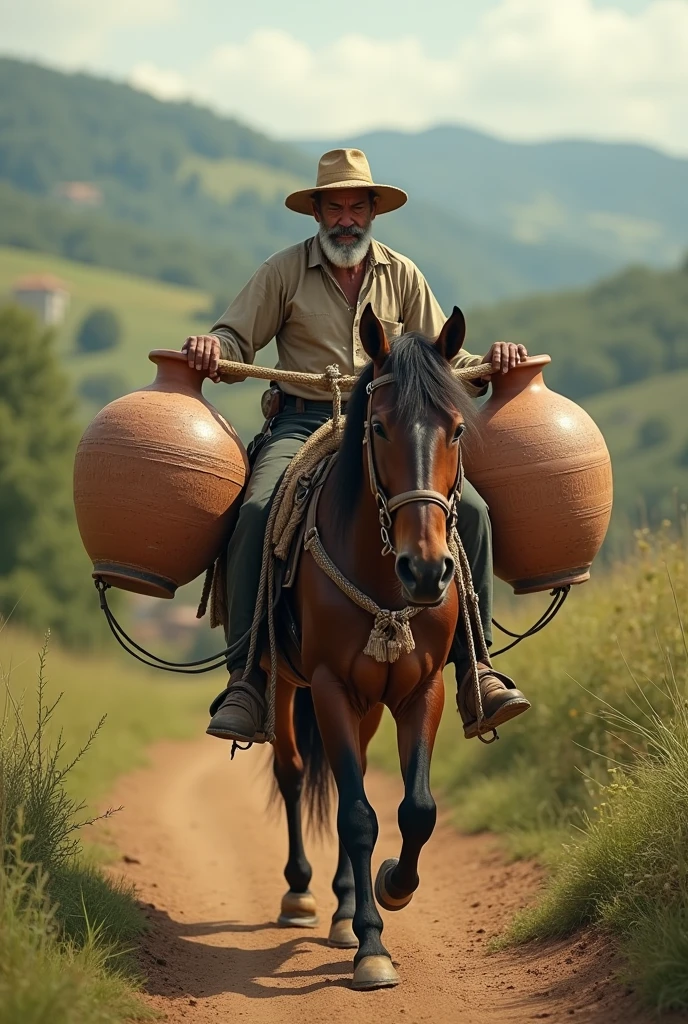 The farmer has placed two large water pots on the horse, along with his horse