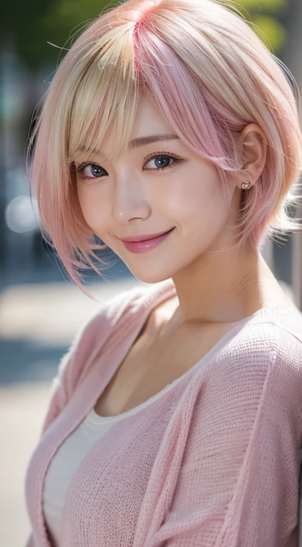 Happy smile seeing this、In the city、(Highest quality,8K quality,masterpiece:1.3,),(Ultra-high resolution:1.3,Realistic:1.4,RAW Photos:1.2),(Very detailed:1.2,Glowing Skin,Detailed skin:1.1),(Detailed face,Perfect Anatomy,Caustics:1.2),,1 person,cute,Japanese,1,Japanese Ido,Natural,pink hair, [(gradient hair from pink to blonde:1.4):0.4],Curl short hair outward,cute目,Natural Makeup,bright casual clothes,Laughter,Looking into the camera,On the face,Face Focus,Professional Lighting,Natural柔らかな光,
