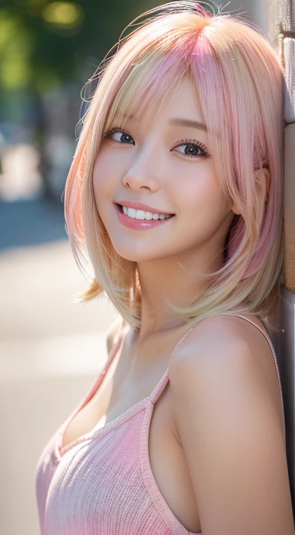 Happy smile seeing this、In the city、(Highest quality,8K quality,masterpiece:1.3,),(Ultra-high resolution:1.3,Realistic:1.4,RAW Photos:1.2),(Very detailed:1.2,Glowing Skin,Detailed skin:1.1),(Detailed face,Perfect Anatomy,Caustics:1.2),,1 person,cute,Japanese,1,Japanese Ido,Natural,pink hair, [(gradient hair from pink to blonde:1.4):0.4],Curl short hair outward,cute目,Natural Makeup,bright casual clothes,Laughter,Looking into the camera,On the face,Face Focus,Professional Lighting,Natural柔らかな光,