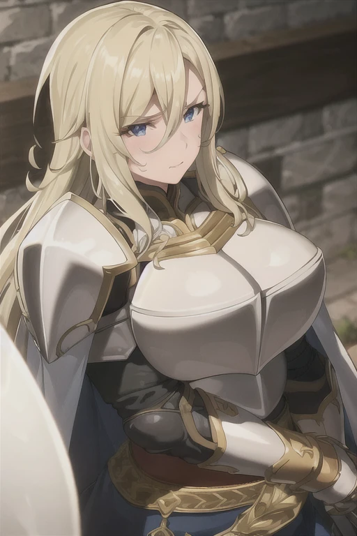 1female_knight, upper body, armor, long hair, highly detailed face, big breasts, muscular body, facing the viewer, looking at the viewer, aroused facial expression, blush, sweat,  best quality, breastplate, cape, shoulder armor, blurry background