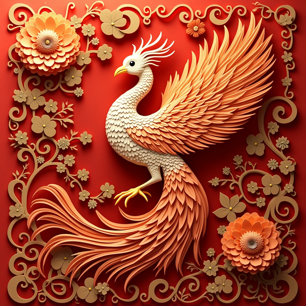 Paper Cut Style: Phoenix,Gorgeous feathers and patterns,Bright red、Orange and gold，High contrast,Carefully crafted,Fine details,Paper Art Folding Tips,Shadows and Highlights,Playing with light and shadow,Paper texture,Traditional Chinese Art,Aesthetic beauty,Elegant and sophisticated design,Fantastic atmosphere,Vibrant colors,Precise and delicate paper sculpture,Handmade artwork,Beautifully layered composition,Scrolls and flowers,Gold and silver spots,Depth and Dimensionality,Ethereal and dreamlike,Graceful and charming,Light and flowy,peaceful