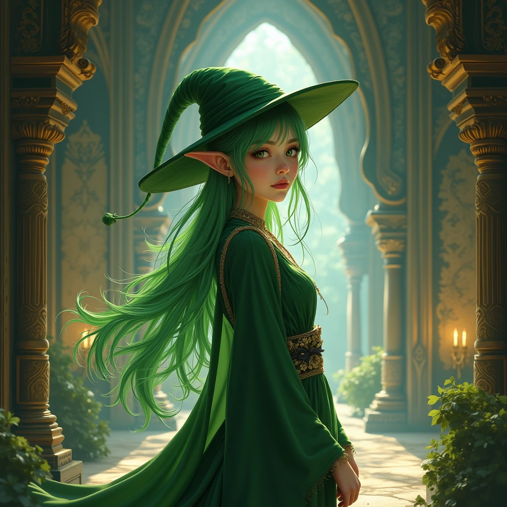 masterpiece, A girl with green hair and a green hat standing in a room., splash art, artgerm style, elf girl, Murata and Artgerm range, artgerm lau, you live, artistic germ style, league of legends style, ruan jia and artgerm, german style art, ! dream art germ