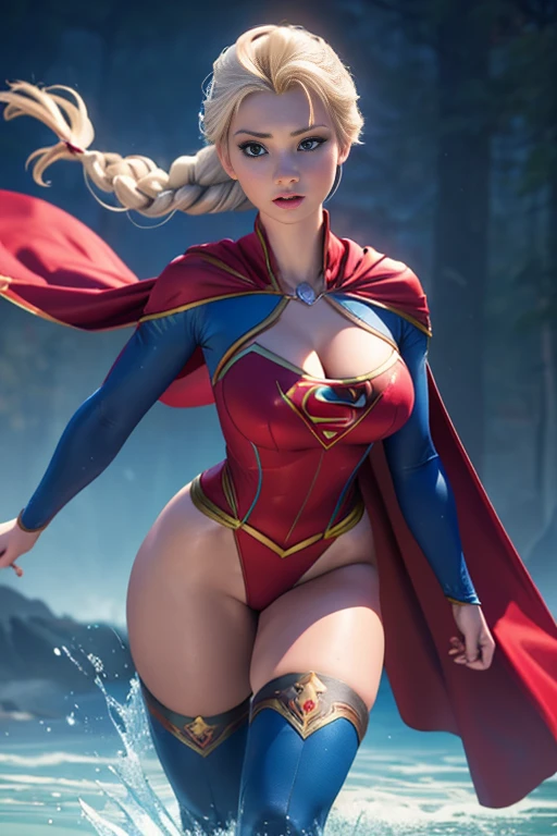 Elsa posing Supergirl, red cloak, S for Superman on chest, Blue swimsuit, red skirt, red boots Breasts huge, fully body, sexly,  photo by full body , thick and beautiful legs of the highest grade based on the highest quality Elsa, The highest image quality, maximum resolution, RAW Photos, photo realist, ultra detailed and beautiful, highest details, beautiful clear skin, (breasts big, visible breasts, medium hips, athletic body, shining blue eyes, long hair, blonde hair with braids, digitl art, 4K, detalhes perfeitos, mesmerizing, professionally made, beautiful vector illustration, 12K resolution, ..3d, ((highy detailed)),((ultra high-quality))