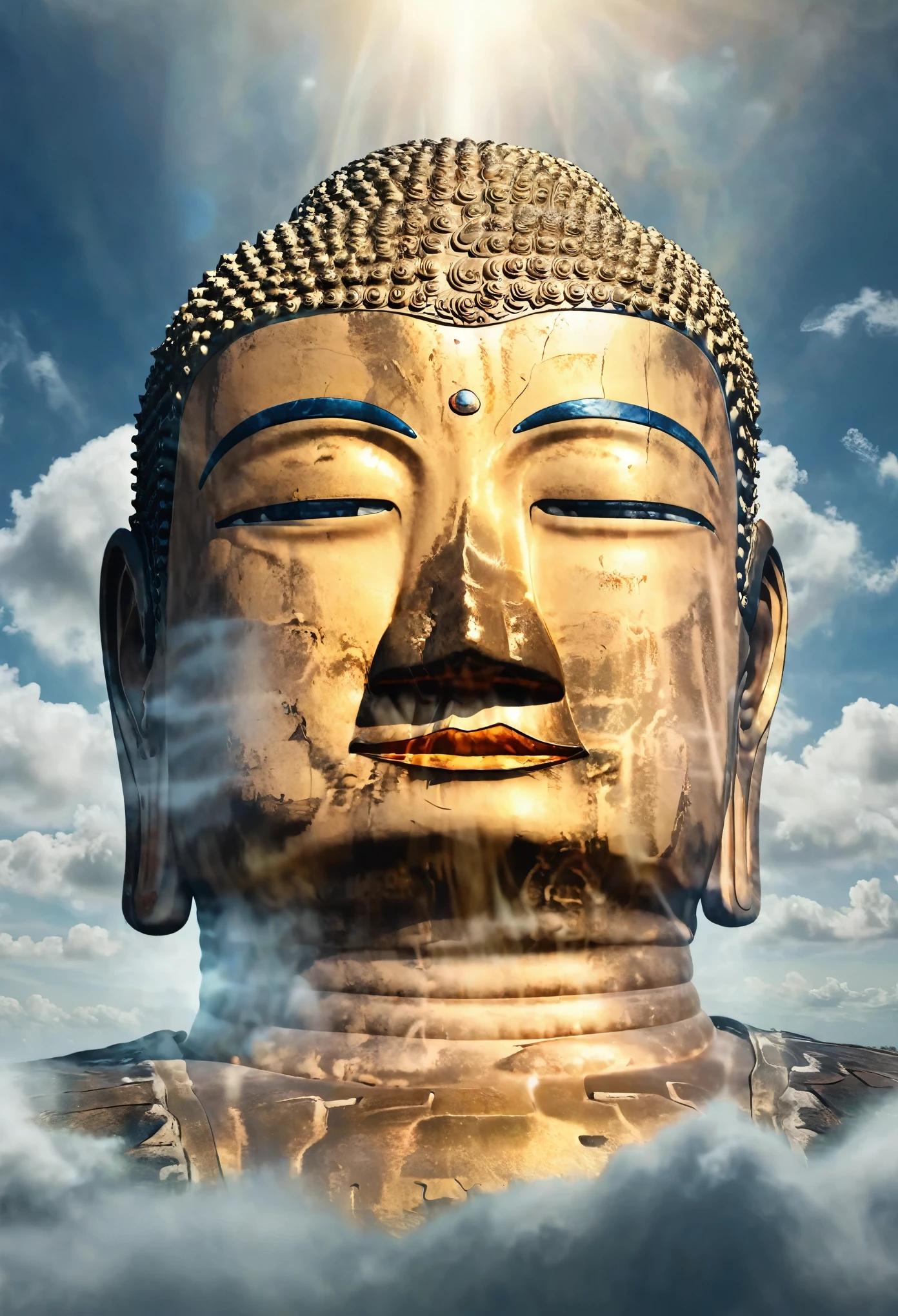 Golden Buddha head floating in the air，Radiating light， Surrealism, Extremely detailed, Reality:1.37, 3D Rendering, Film Tone, Holy Light, Ultra HD, masterpiece:1.2, best quality, high resolution，No humans