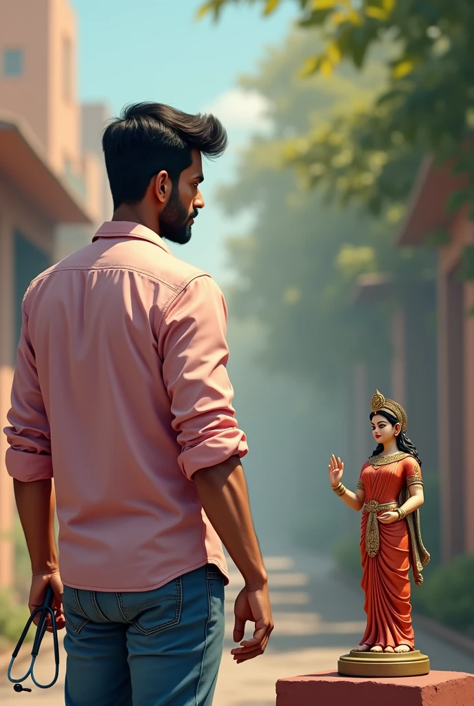 30 years Indian young man is looking into goddess Durga small standing statue. He wears light pink shirt, blue jeans. His back side should be displayed. He holds stethoscope with one hand. He has light thin beard.