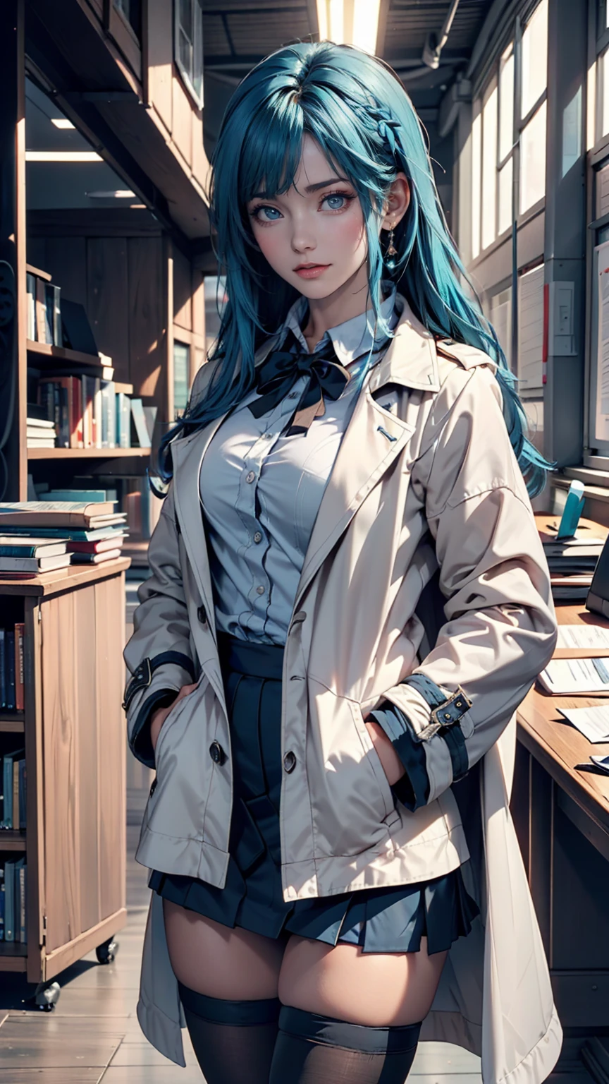 masterpiece, 最high quality, high quality, High resolution, One person, alone, Aqua (KonoSuba), Blue Hair, Long Hair, blue eyes, White shirt ,Long white coat, Black office skirt, Knee socks, whole body, Are standing, Put your hands in your pockets, boredom, Depth of written boundary, Research Room,