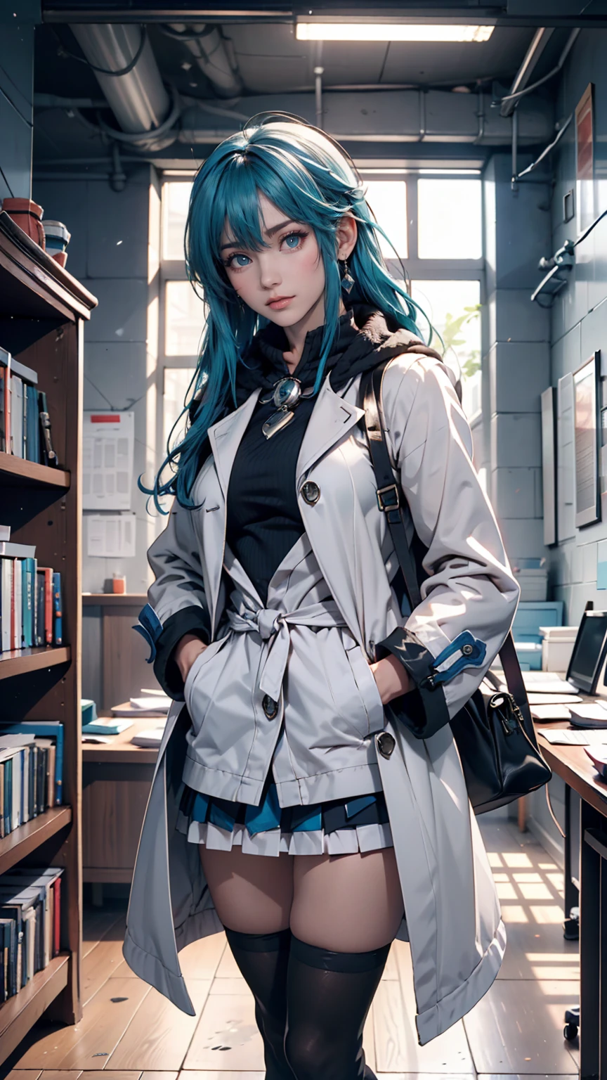 masterpiece, 最high quality, high quality, High resolution, One person, alone, Aqua (KonoSuba), Blue Hair, Long Hair, blue eyes, White shirt ,Long white coat, Black office skirt, Knee socks, whole body, Are standing, Put your hands in your pockets, boredom, Depth of written boundary, Research Room,