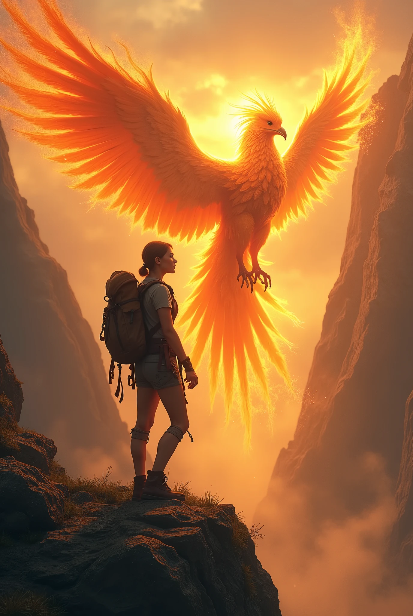 "Create a breathtaking, semi-realistic image that captures the awe-inspiring scene of a beautiful female adventurer witnessing the birth of a majestic phoenix from afar. The adventurer, with a strong yet graceful presence, is depicted in her climbing gear and rugged, weathered clothing, standing on a rocky outcrop. Her expression is a mix of awe and wonder as she gazes at the fiery phoenix rising into the sky.
The phoenix’s bright, fiery feathers dominate the landscape, casting a warm, golden glow across the scene and illuminating the surrounding rugged, untamed nature. The setting is a remote, mystical landscape, with the phoenix's radiant light piercing through the mist that shrouds the area.
The composition should evoke a sense of adventure, discovery, and reverence, with the contrast between the human scale of the adventurer and the overwhelming, fiery presence of the phoenix highlighting the epic nature of the moment. The image should be visually stunning, blending semi-realistic detail with fantasy elements to create an immersive and awe-inspiring visual narrative."