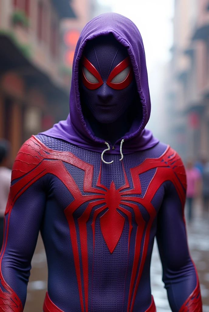 Indian spider man in purple in red diamond with mask