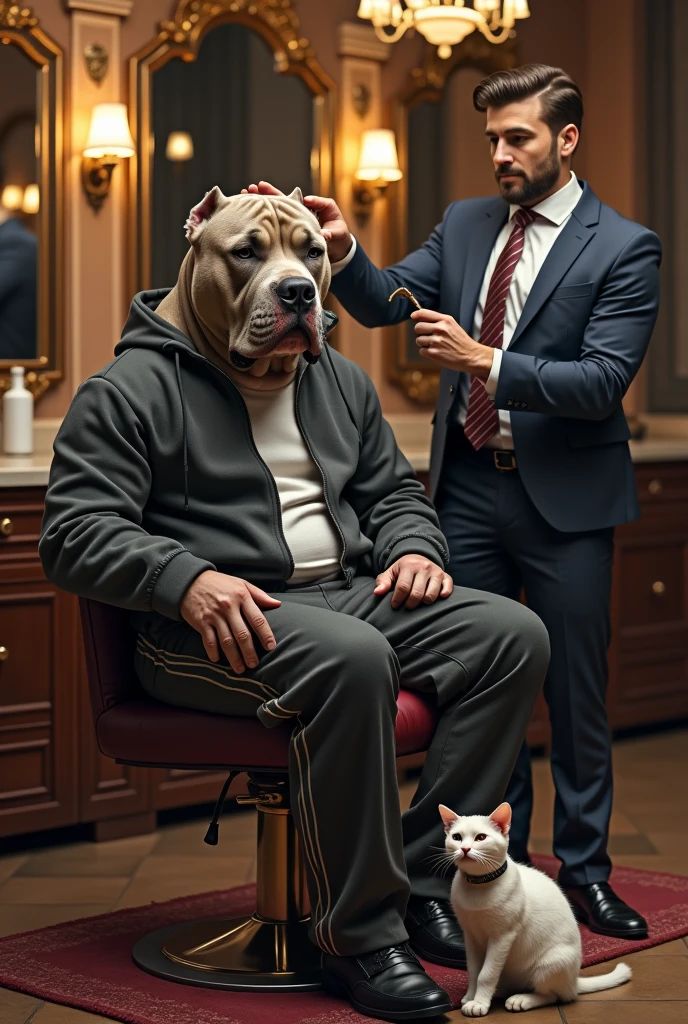  cat laughing, hairdresser in elegant suit styling hair on luxury chair in barbershop very big pitbull in tracksuit realistic, real, high resolution detail, full photo like real