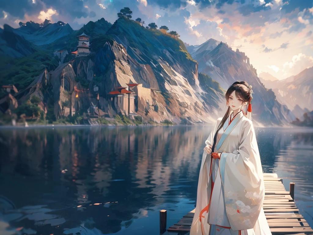 best quality，People wearing Hanfu standing on the boat ， People in Hanfu, Chinese, 穿着ancient China的衣服, ancient China, 身着ancient China服饰, Chinese traditional clothing, Chinese Fantasy