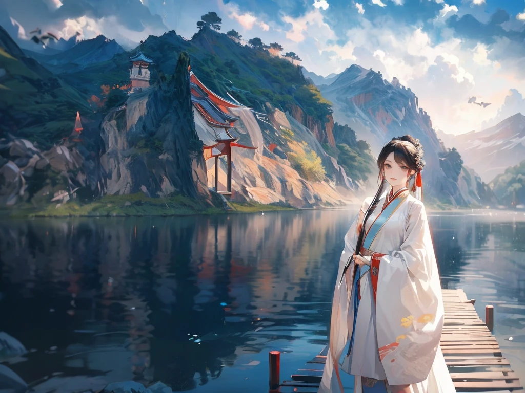 best quality，People wearing Hanfu standing on the boat ， People in Hanfu, Chinese, 穿着ancient China的衣服, ancient China, 身着ancient China服饰, Chinese traditional clothing, Chinese Fantasy