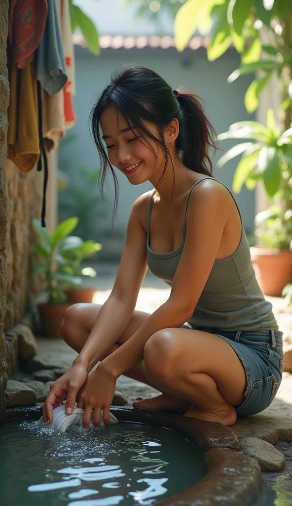 Thai woman of 20 age in shorts and sleeveless washing clothes
