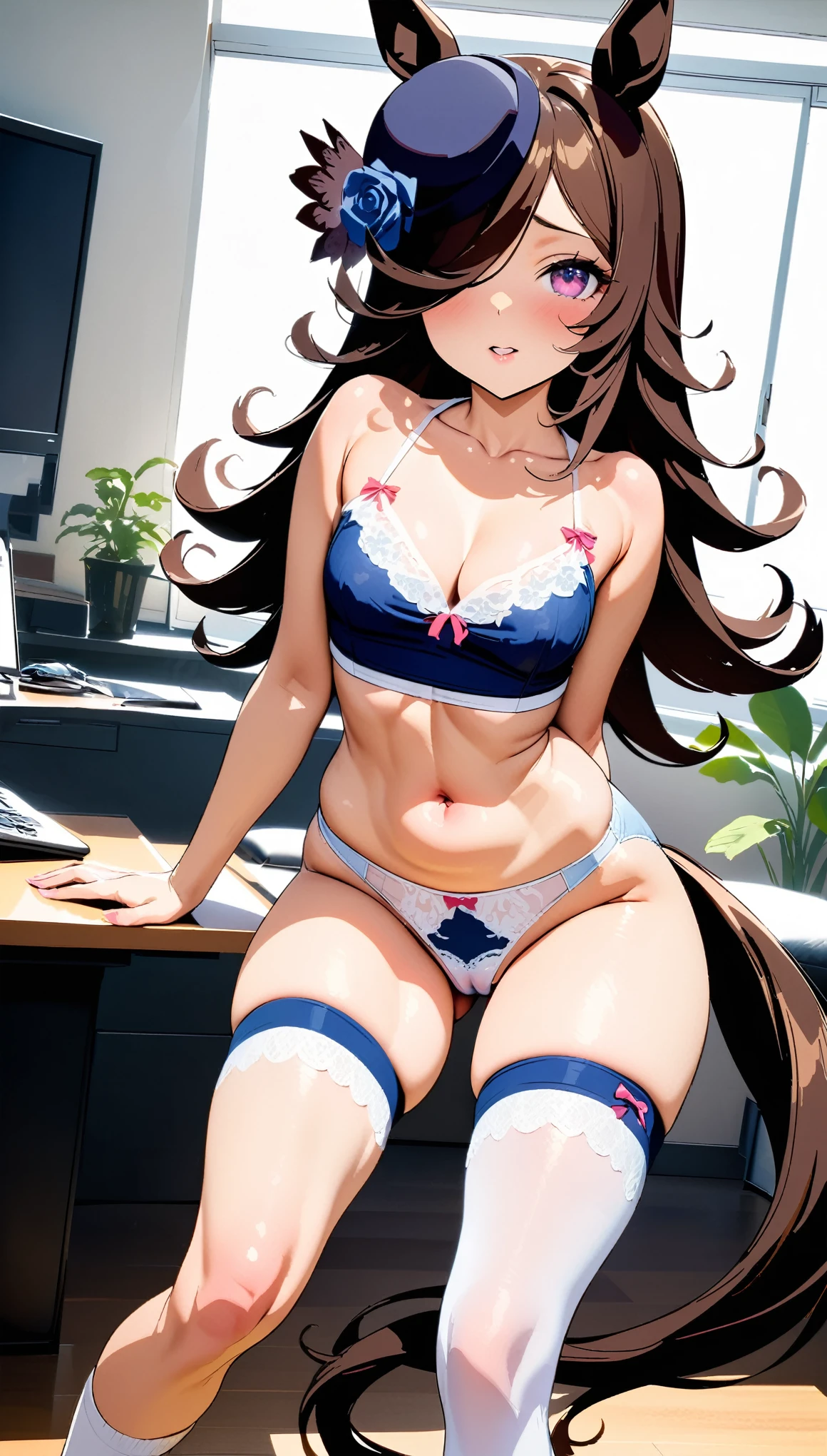 [[One person, Rice Shower \(umamusume\), umamusume]], Beautiful attention to detail, Close one eye, ((indoor, office, living room), ), Curvy, thin, Small breasts, Flat Chest (Thigh-high socks), (Cleavage) , (Sexy pose), (Seductive pose), (Crop Top Belly Button), (indoor, office, living room), Vinegar(Close-up shot), Dynamic Angle, Highest quality, Very detailed, masterpiece, Ultra-high resolution, 8k, Nipples, (Horse tail), (panties), (good), (In underwear), (Flashy underwear), (Camel Toe), (lingerie), hat