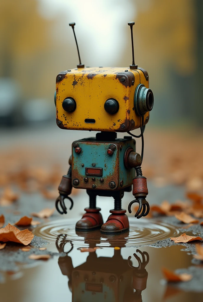 Style and type: The image is a high-resolution digital artwork. Layout: The subject is centered in the frame, standing on a wet, reflective surface surrounded by fallen leaves. Subject: The subject is a small, humanoid robot with a boxy, weathered yellow head featuring two large, round eyes and a small mouth, giving it an expressive appearance. The robot has a rusted, mechanical body with various exposed wires and components, painted in a mix of blue, red, and brown hues. It has two antennas on its head and is standing in a puddle, with its reflection visible in the water. The background is blurred, suggesting an outdoor, natural setting.