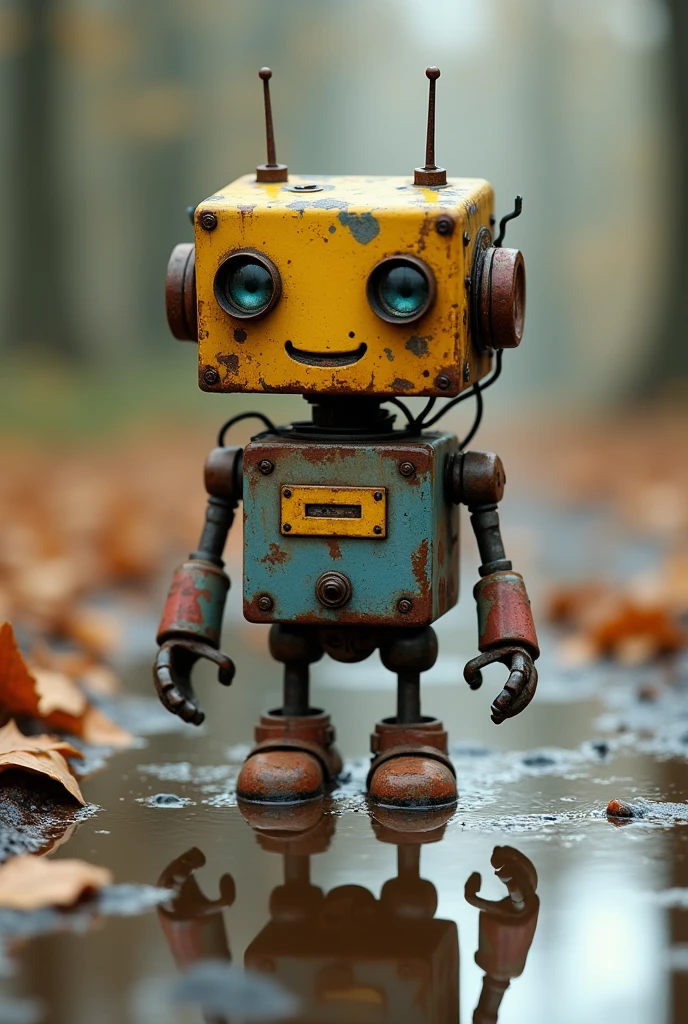 Style and type: The image is a high-resolution digital artwork. Layout: The subject is centered in the frame, standing on a wet, reflective surface surrounded by fallen leaves. Subject: The subject is a small, humanoid robot with a boxy, weathered yellow head featuring two large, round eyes and a small mouth, giving it an expressive appearance. The robot has a rusted, mechanical body with various exposed wires and components, painted in a mix of blue, red, and brown hues. It has two antennas on its head and is standing in a puddle, with its reflection visible in the water. The background is blurred, suggesting an outdoor, natural setting.