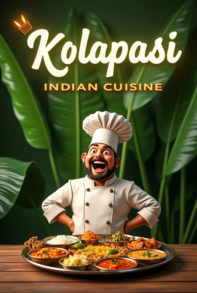 Banana leaf background with chef meme and with restaurant name kolapasi indian cuisine and thali plate and items