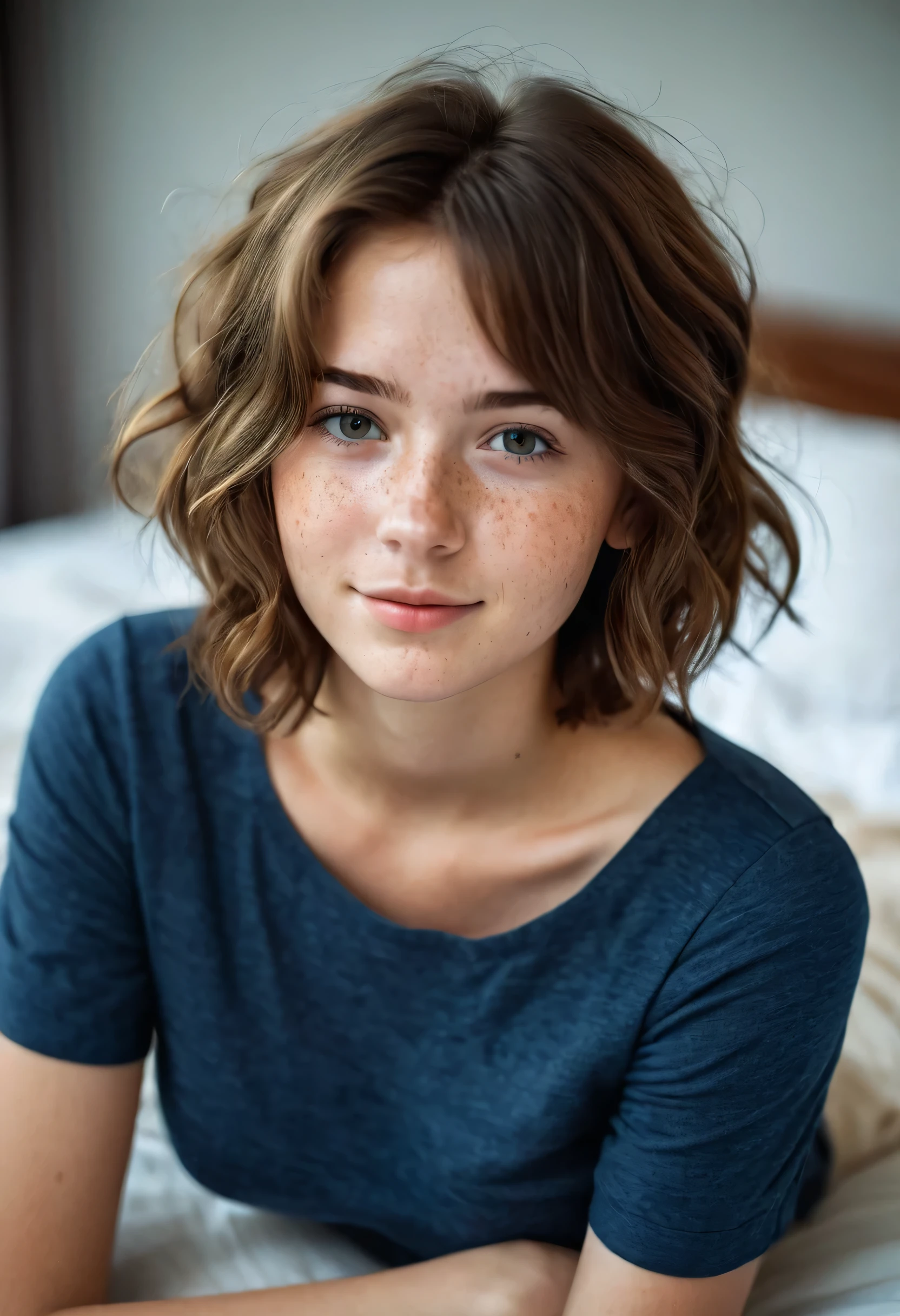 Cute r young girl, Brown hair, adorable attractive, innocent and friendly. Adorable little freckles on her cheeks. Short hair, lots of hair, short wavy hair. A color dark blue short-sleeved shirt with pants color khaki. Slightly playful, flirtatious and calm facial expression. Slightly noticeable breasts ((big breasts)) ((realistic photo)) ((bed, comfortable house and friendly and comforting atmosphere)) ((Looking at the viewer))
