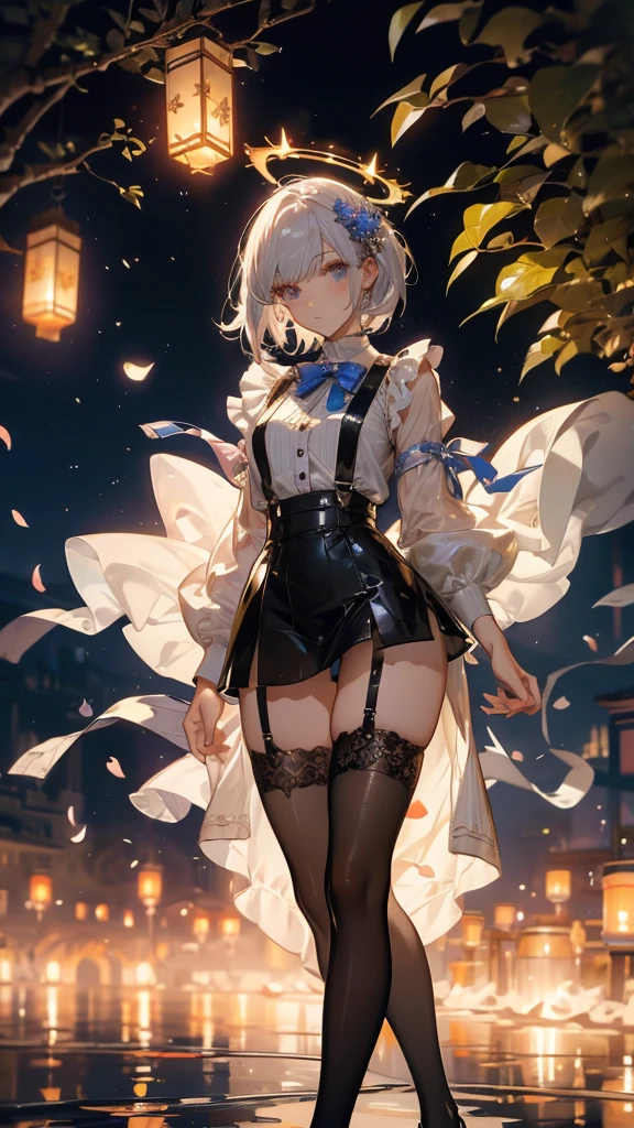 ((masterpiece, best quality)), Epic battlefield atmosphere,Angel,Royal sister,Halo,A display of fireworks and a sea of lanterns,Silver Bell Ice Heart,Magician,Petals falling,A meticulous face,Standing image,Perfect body proportions,Long legs,Stylish short hair,beautiful eyes,Fantasy style,White background,transparent,Sexy,Lace,Suspender mesh stockings