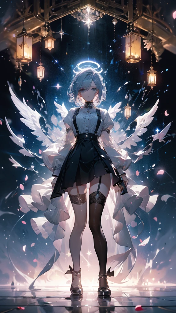 ((masterpiece, best quality)), Epic battlefield atmosphere，Angel，Royal sister，Halo，A display of fireworks and a sea of lanterns，Silver Bell Ice Heart，Magician，Petals falling，A meticulous face，Standing image，Perfect body proportions，Long legs，Stylish short hair，beautiful eyes，Fantasy style，White background，transparent，Sexy，Lace，Suspender mesh stockings