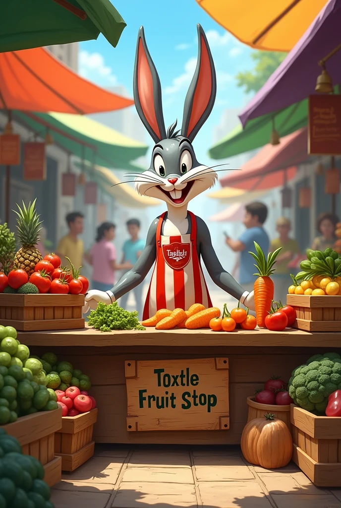 Bugs bonny with an apron that says Toxtle fruit shop, selling fruits and vegetables at a local market