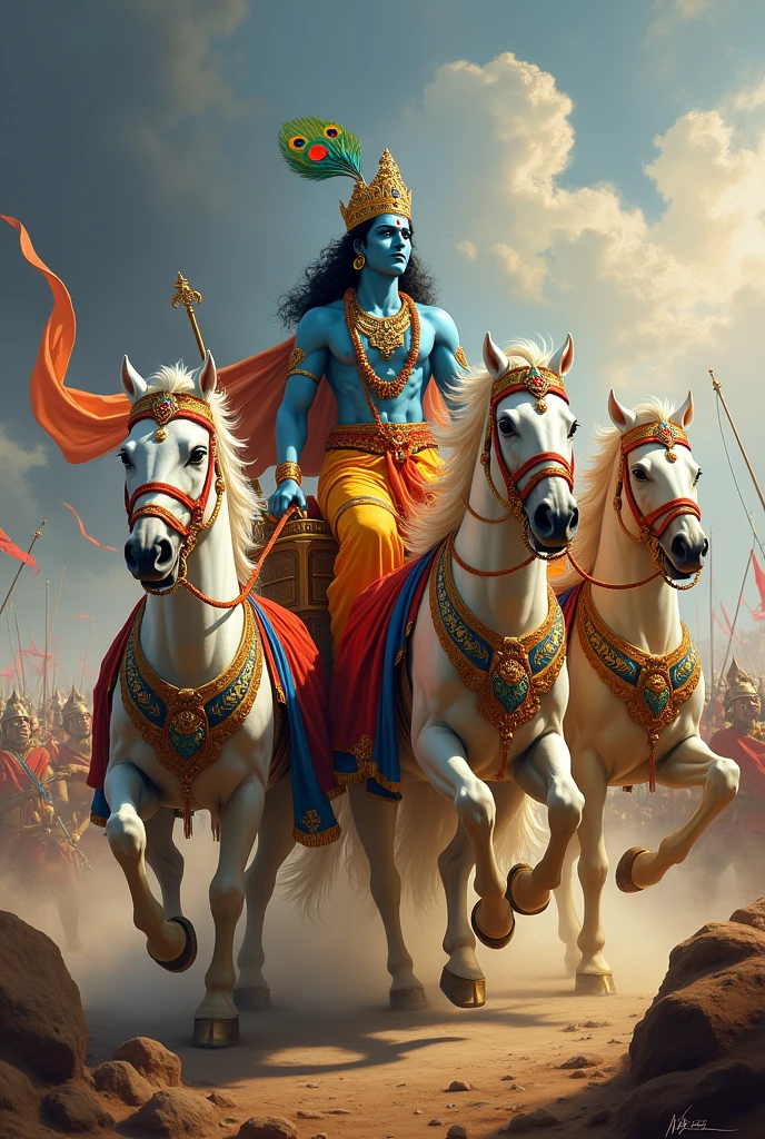 Krishna in mhabharat war riding his charriot(Rath) of four horse