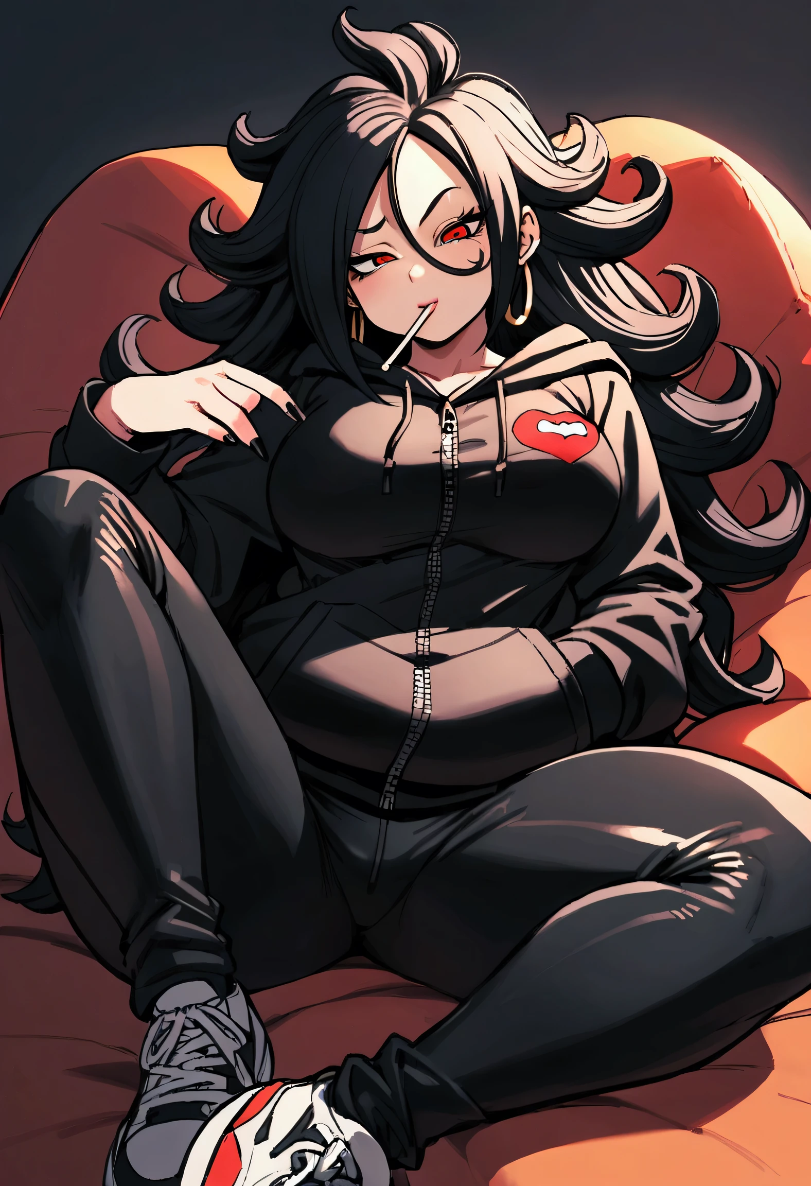 Android 21 from dragonball, black hair, long hair, curly hair, red eyes, hoop earrings, chubby, goth girl, bored eyes, black lipstick, black eyeshadows, black unzipped hoodie, black latex pants, sneakers, sitting on beanbag, hand in pocket, laying back, head on beanbag, tight pants, lollipop stick in mouth, grin, raised eyebrow, resting hand on palm, winking, thick thighs, medium breasts,