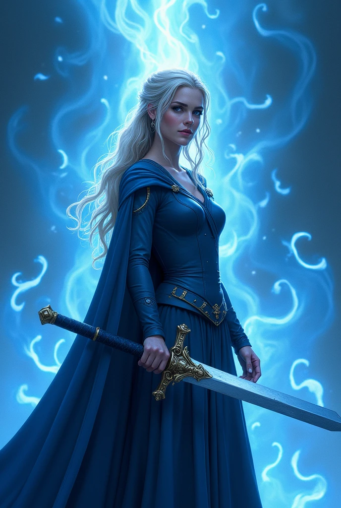 Emma swan holding a sword surrounded by blue light