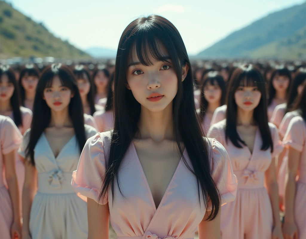 (Japanese Clone girls=Myself), (best masterpiece Clone girls Raw Photography Art), (16K, Highest quality, Ultra-high resolution, RAW Photos), (Unrealistic, Unprecedented sight, Incredibly shocking, In a world where myselves are multiplied, Ultra-realistic), (Japanese, woman, 18yo, saito-Asuka), (Small face, Thick black hair, Semi-long hair), (V-neck short-sleeve dress), (Very beautiful detailed girls, Accurate body structure, Very detailed完璧な, A super busty body with very large breasts, Great proportions, super big breasts, Big, voluptuous breasts, The cleavage is very plump and emphasized), (Dark Eyes, Mature face, Cute Smile, A gentle gaze, Very happy laughter), (Very detailedcloning描写, 1girl→cloning→1,000,000,000,000,000,000,000,000girls), (Very detailed, Absolute precision, Depicting an alter ego, With the exact same female body, With the exact same face, With the exact same hairstyle, In the exact same clothes, At the exact same height, The same exact super big boobs), (Myself only), (100,000,000,000,000,000,000,000,000,000,000,000,000,000,000Myself), (Beautiful poses to raise the actress's consciousness, Cleavage Emphasis, Walk freely), (Very detailed, Myself and each other, hug, Back to Back, Myself big collection, Fun conversation with myself, A happy conversation with myself, Kiss Myself Everywhere, Doting on Myself), (Free pose), (Sexual seduction), (Unbelievably crowded, Close contact between transcendent selves, Countless "myselves" completely surround me in 360 degrees), (Bright and soft sunlight), (super wide view, Very wide field of view, Very detailed, Detailed ultra-perspective depiction with clear depth), (Ultra-high-definition poster-like depiction), (Flat and gently undulating terrain, Slope, The countless "myselves" filling the city streets and hills will multiply infinitely and reach beyond the horizon), (Focus on the center of the group)