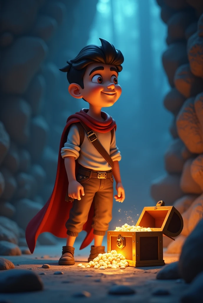 Cinematic 3d cartoon style Relieved Hero: The young man smiling with relief and joy as he stands beside the treasure, with the shadowy figure now vanished